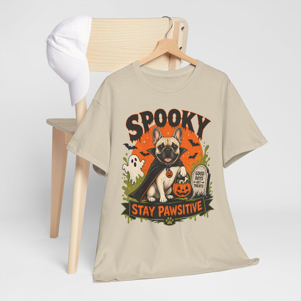 Spooky Stay Pawsitive Unisex T-Shirt — a vampire-caped French bulldog