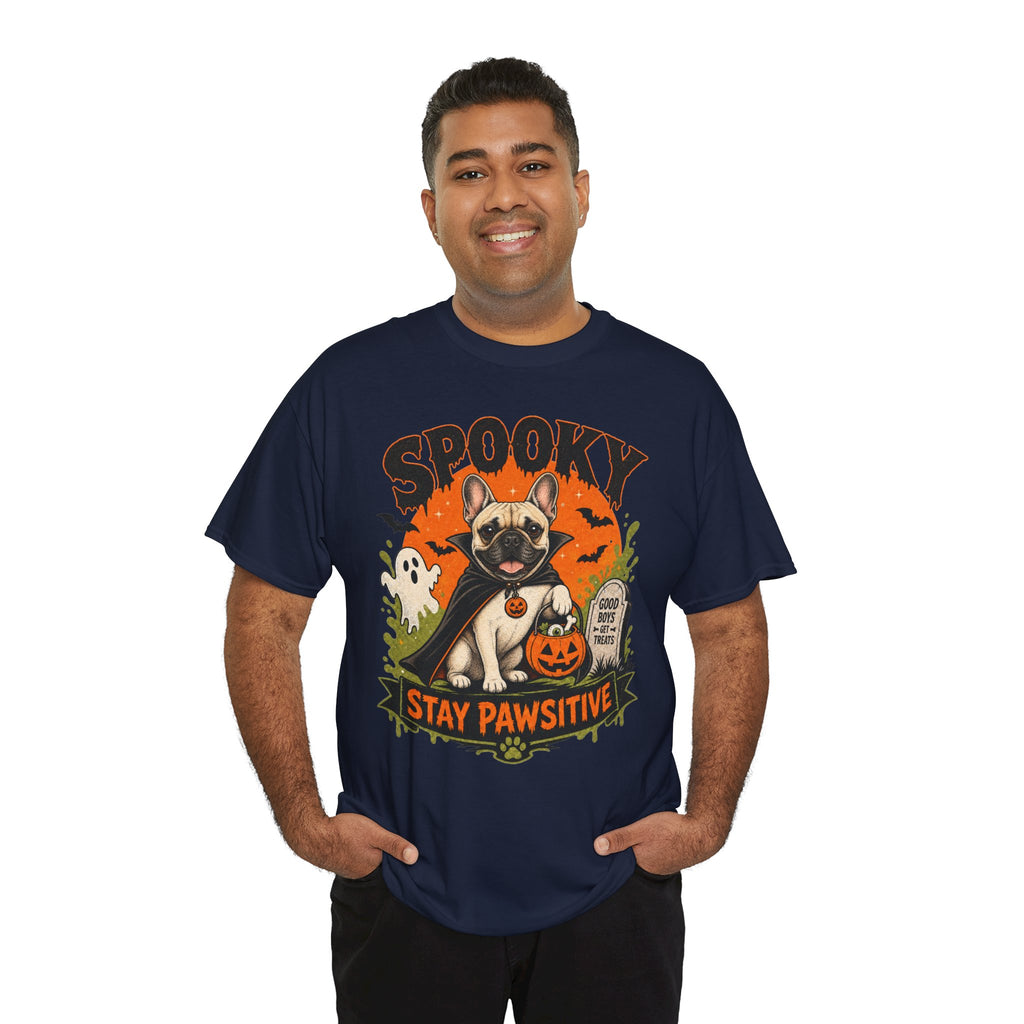 Spooky Stay Pawsitive Unisex T-Shirt — a vampire-caped French bulldog