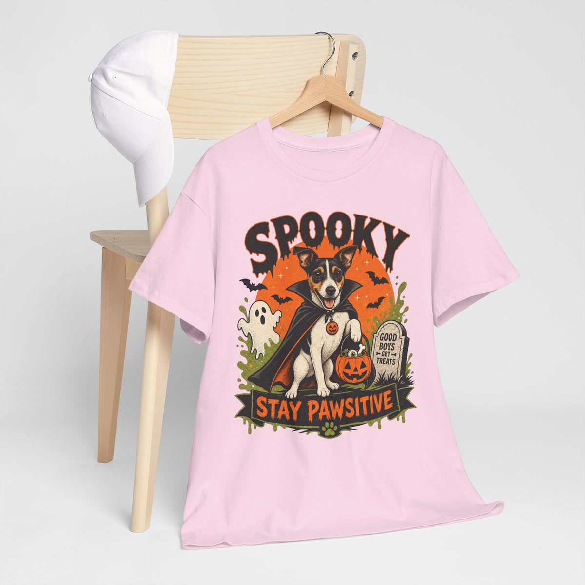 Spooky Stay Pawsitive Unisex T-Shirt — a vampire-caped Jack Russell Terrier
