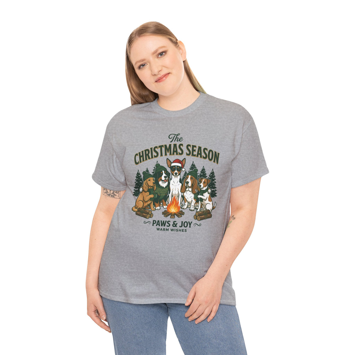 The Christmas Season Unisex T-Shirt — dogs relax around a crackling campfire