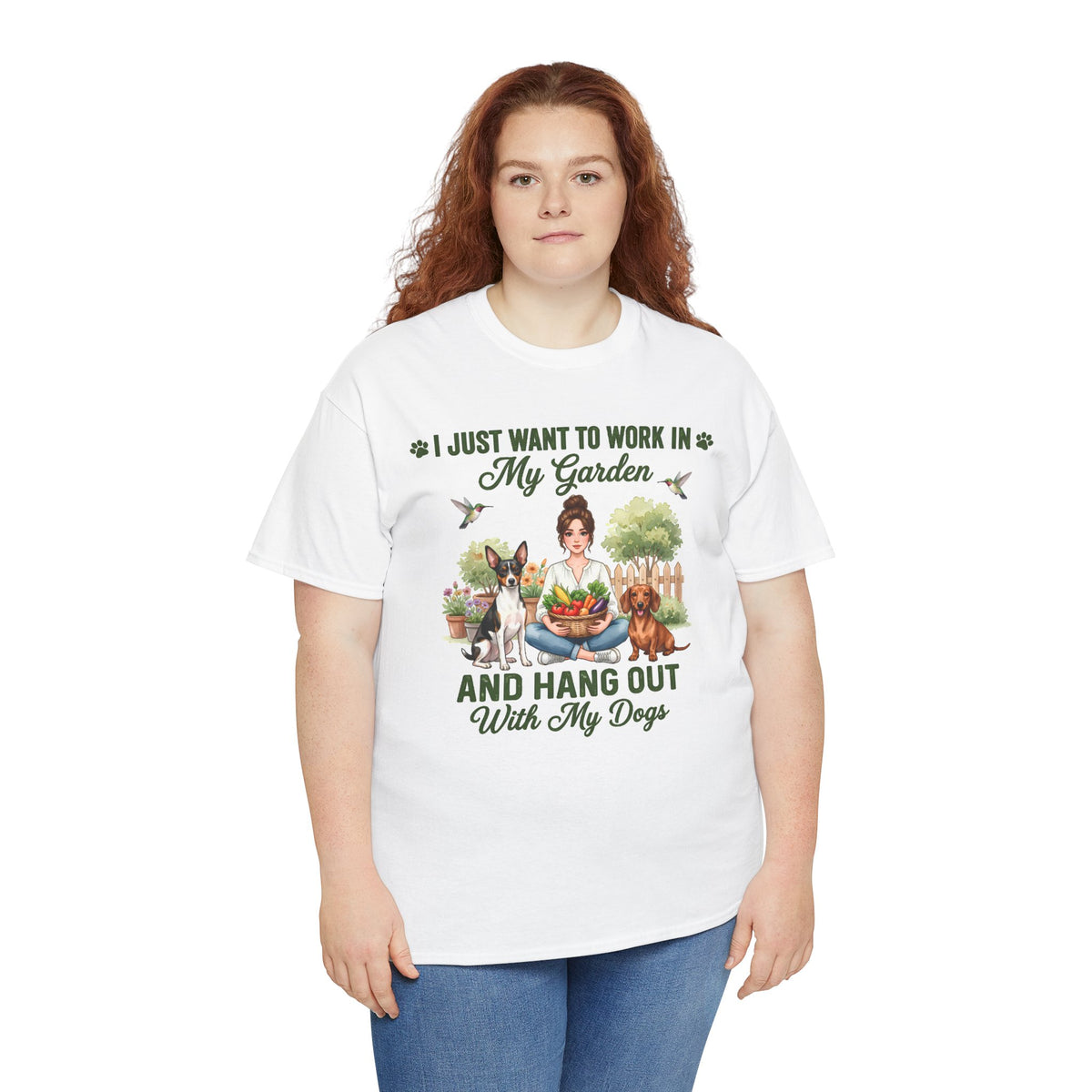 I Just Want to Work in My Garden and Hang Out With My Dogs Unisex T-Shirt — cheerful design showing a woman surrounded by fresh vegetables