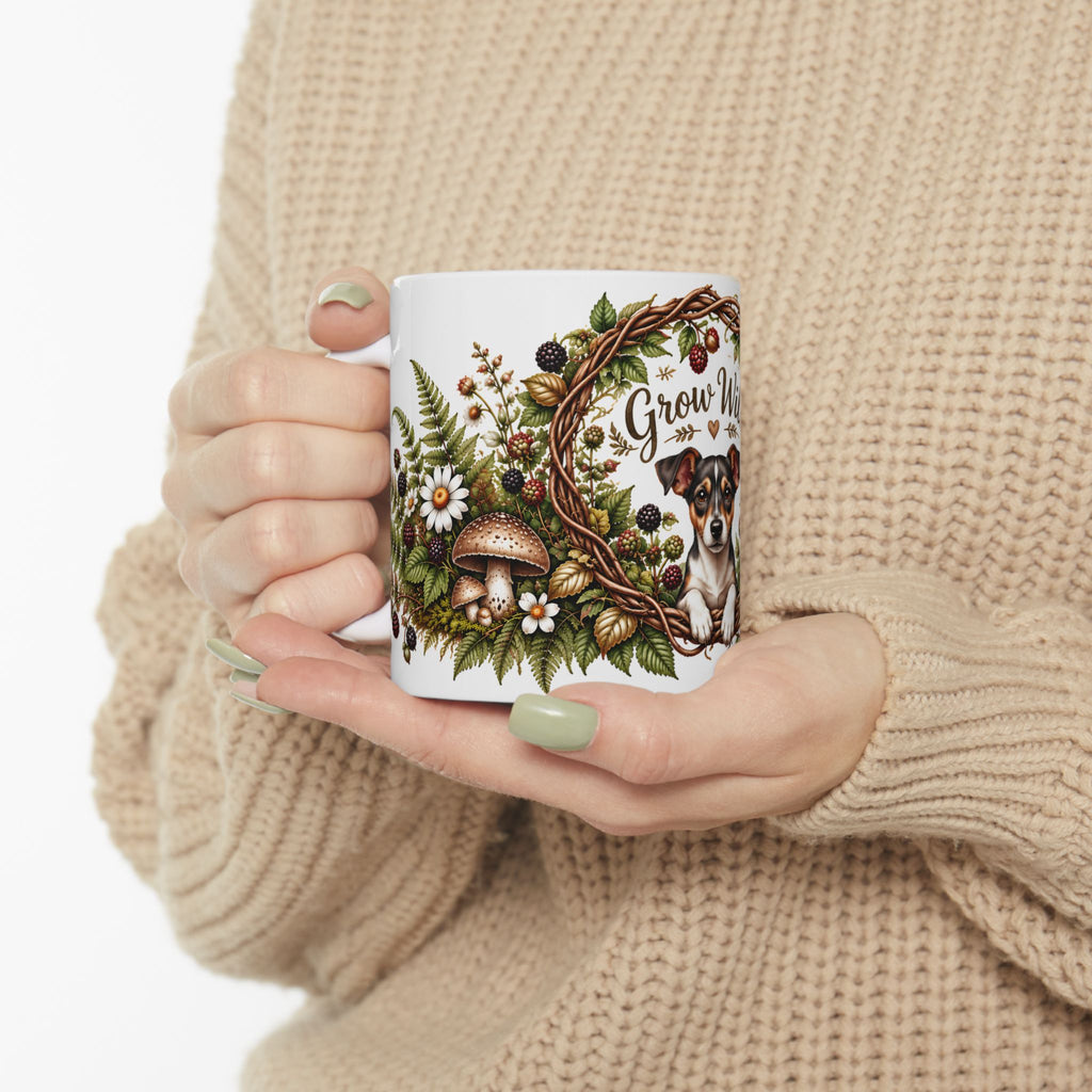 Grow Wild Puppy Ceramic Mug — Floral Rat Terrier Coffee Cup (11oz)