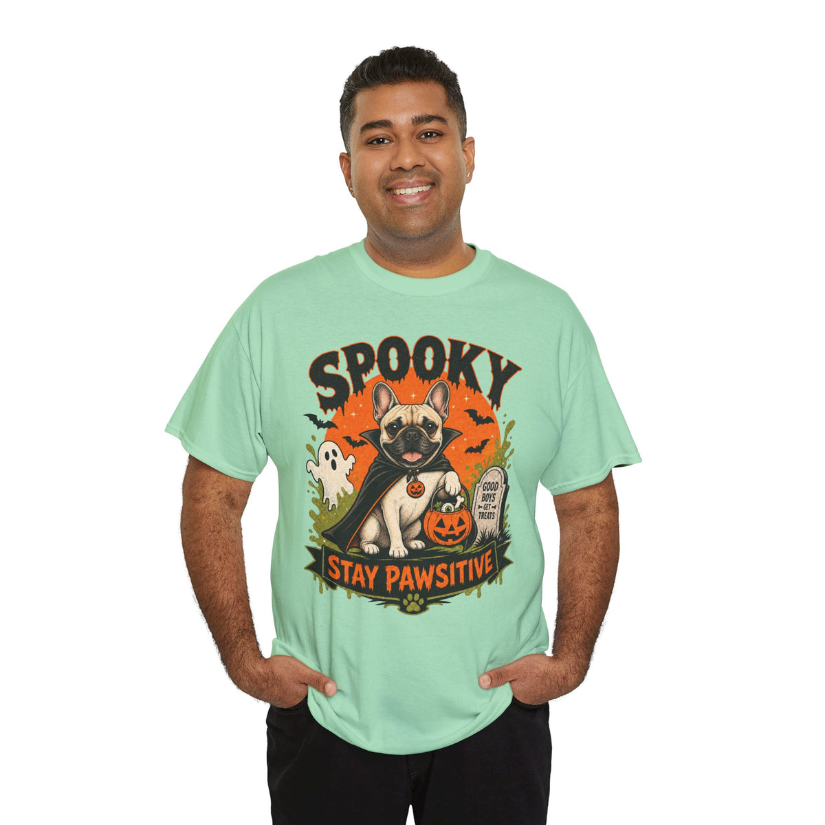 Spooky Stay Pawsitive Unisex T-Shirt — a vampire-caped French bulldog