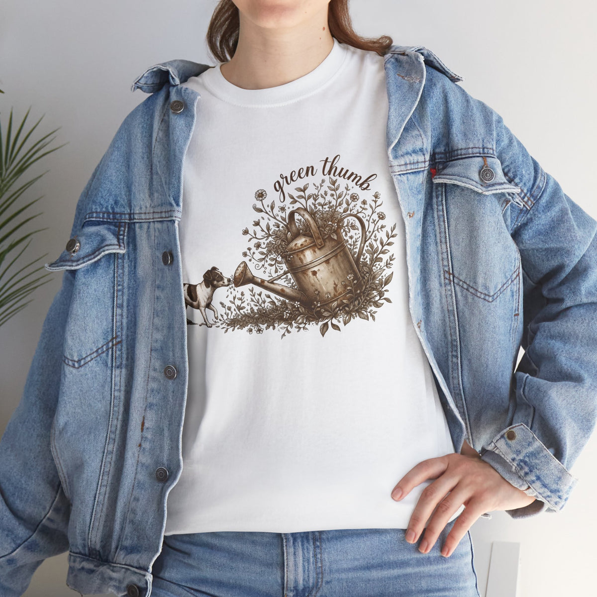Green Thumb T-Shirt — Vintage Garden Watering Can & Puppy Graphic