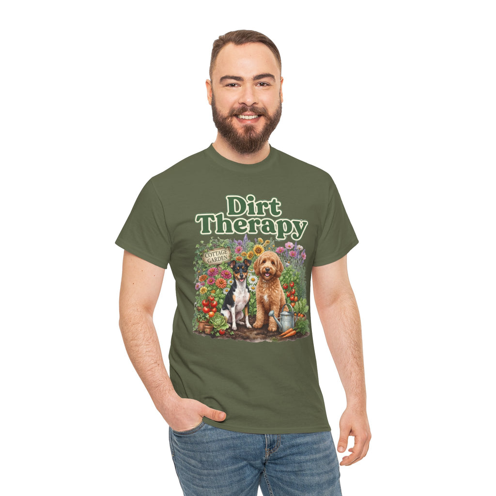 Dirt Therapy Gardening T‑Shirt — Dogs & Flowers Garden Lover Tee