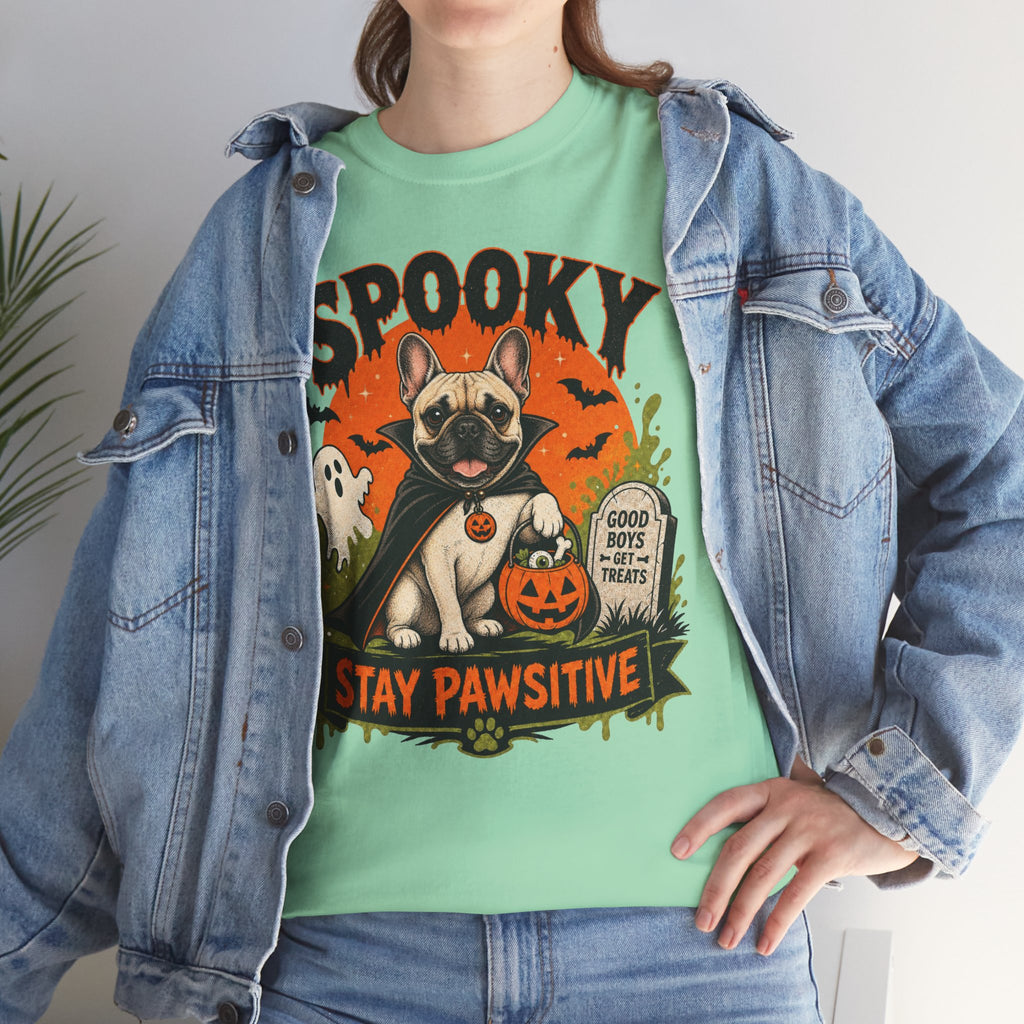 Spooky Stay Pawsitive Unisex T-Shirt — a vampire-caped French bulldog