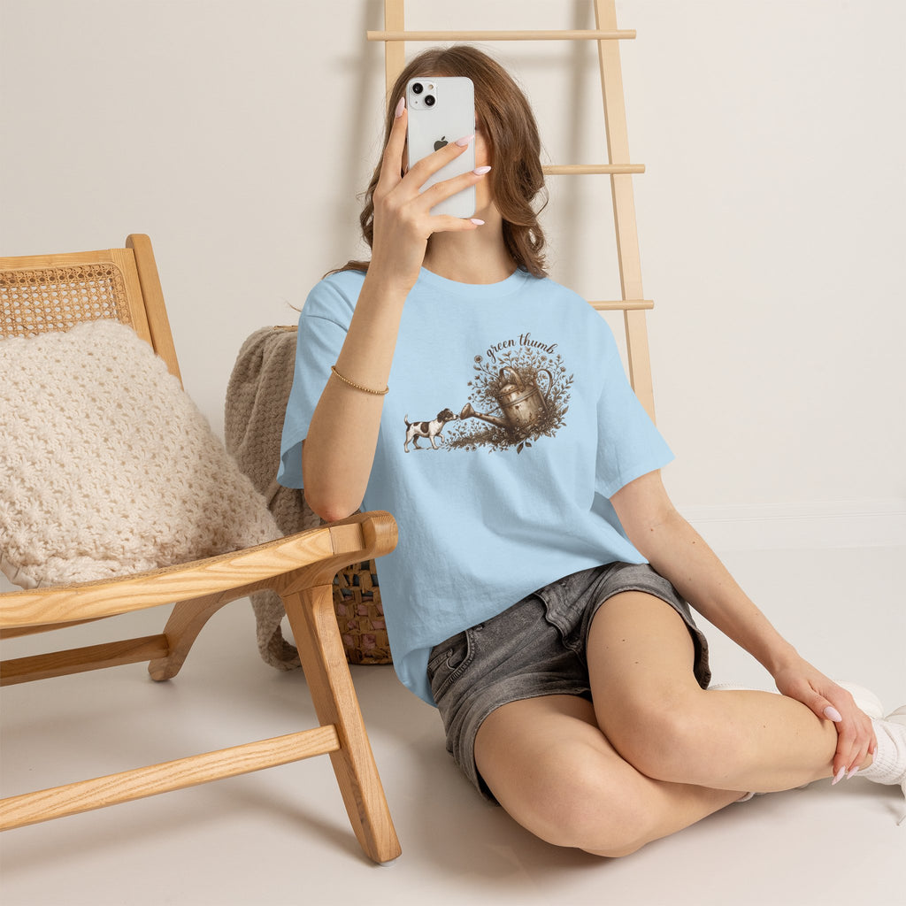 Green Thumb T-Shirt — Vintage Garden Watering Can & Puppy Graphic