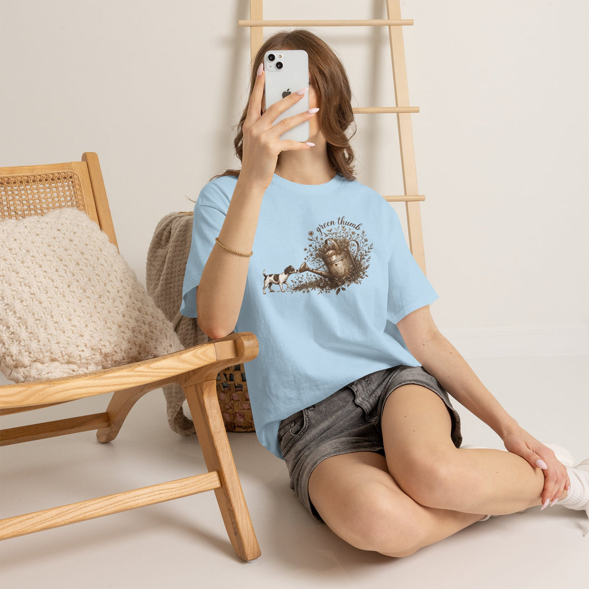 Green Thumb T-Shirt — Vintage Garden Watering Can & Puppy Graphic