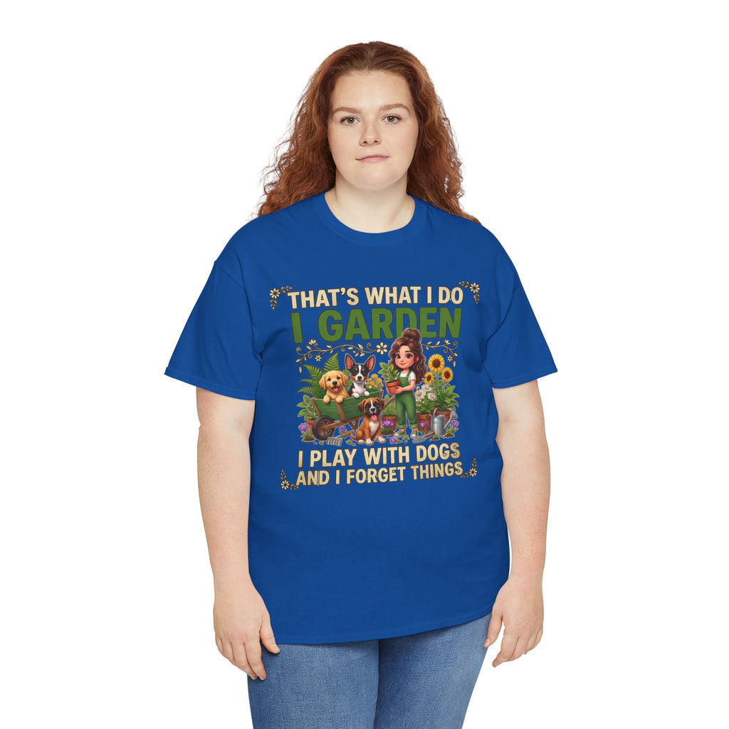 That's What I Do I Garden I Play With Dogs And I Forget Things Unisex T-Shirt — gardener with three dogs among sunflowers