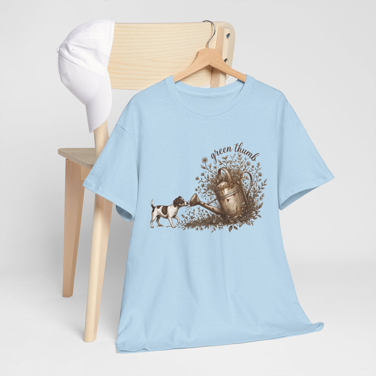 Green Thumb T-Shirt — Vintage Garden Watering Can & Puppy Graphic