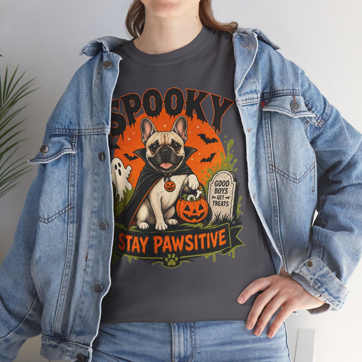 Spooky Stay Pawsitive Unisex T-Shirt — a vampire-caped French bulldog