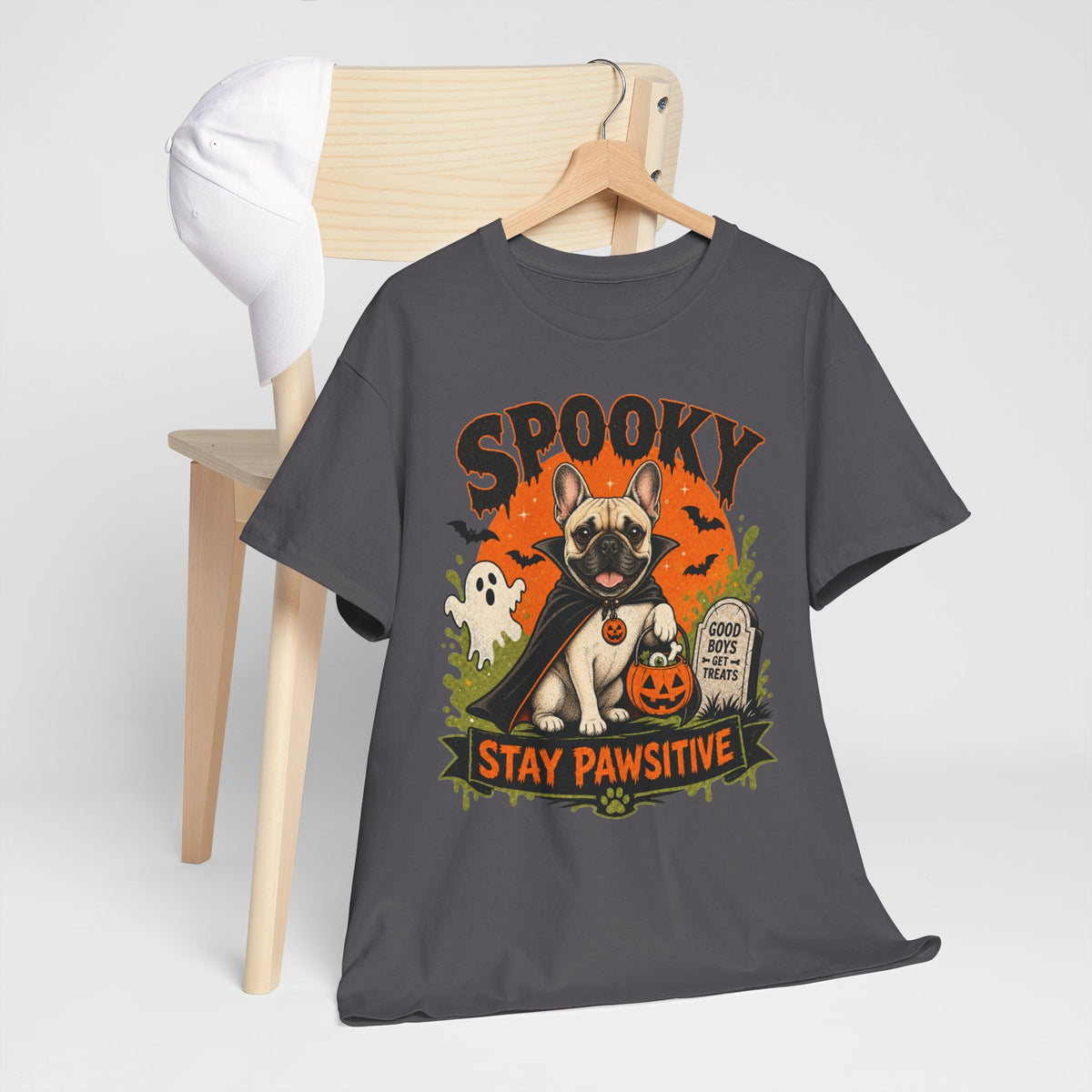 Spooky Stay Pawsitive Unisex T-Shirt — a vampire-caped French bulldog