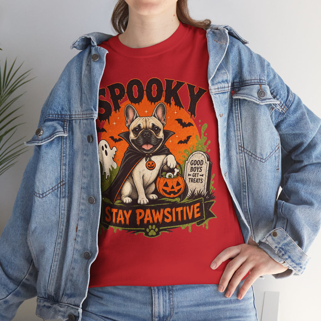 Spooky Stay Pawsitive Unisex T-Shirt — a vampire-caped French bulldog