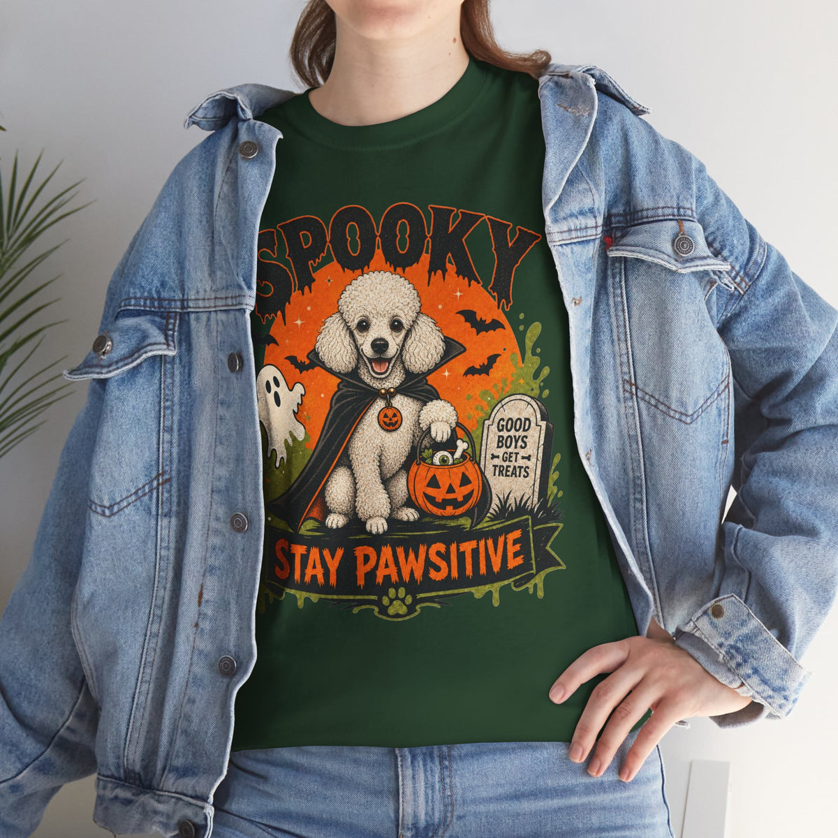 Spooky Stay Pawsitive Unisex T-Shirt — a vampire-caped white Poodle
