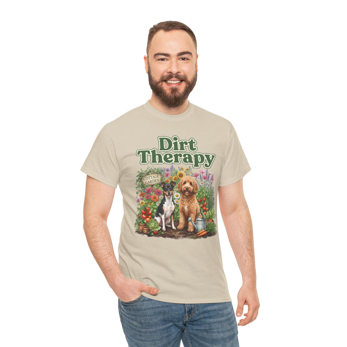 Dirt Therapy Gardening T‑Shirt — Dogs & Flowers Garden Lover Tee