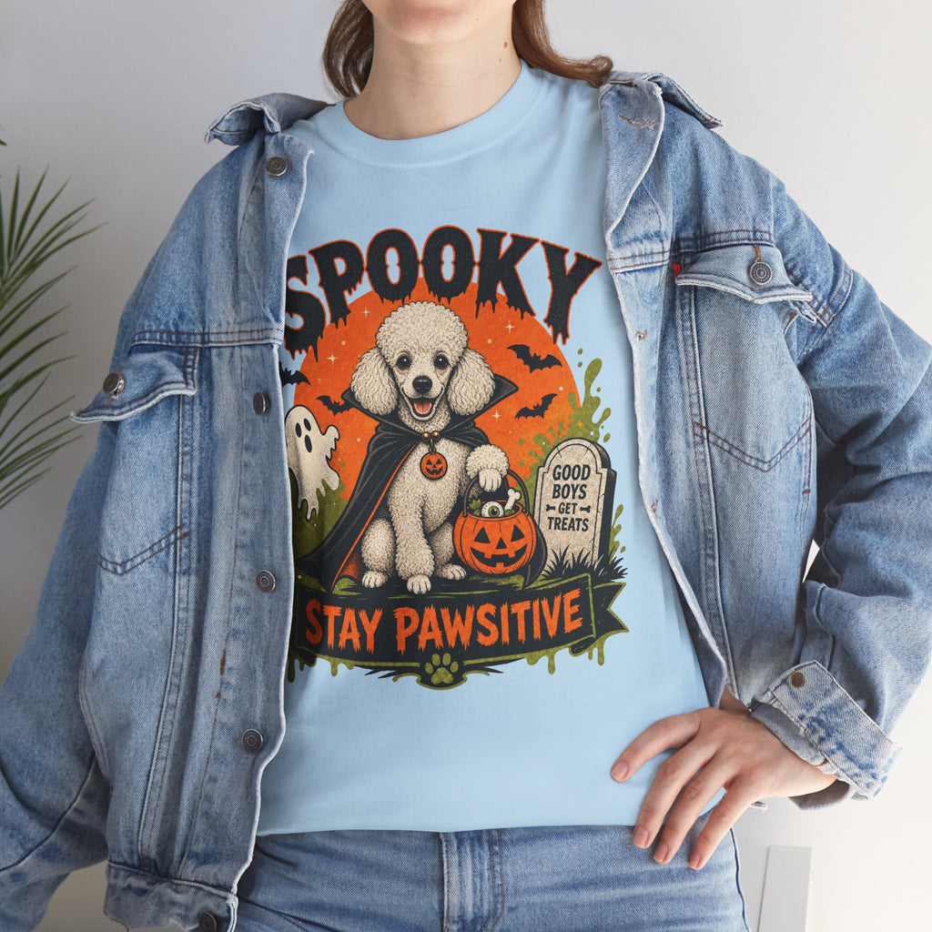 Spooky Stay Pawsitive Unisex T-Shirt — a vampire-caped white Poodle