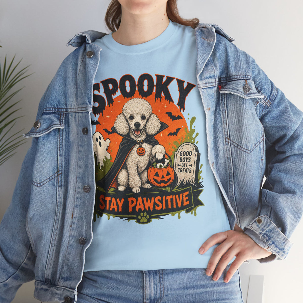 Spooky Stay Pawsitive Unisex T-Shirt — a vampire-caped white Poodle