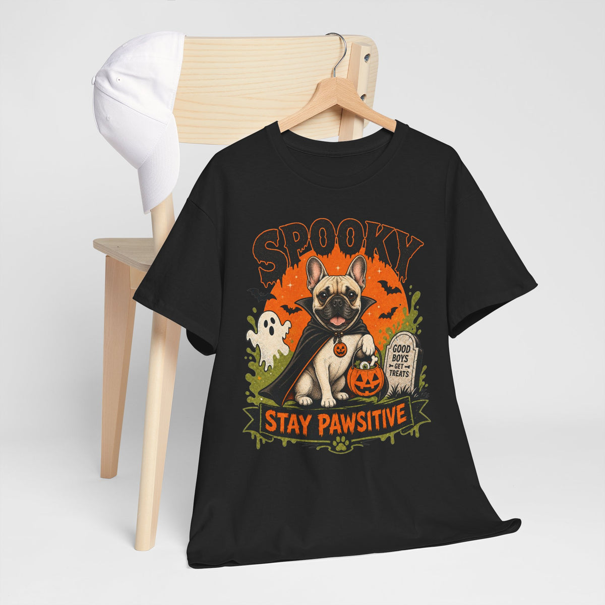 Spooky Stay Pawsitive Unisex T-Shirt — a vampire-caped French bulldog