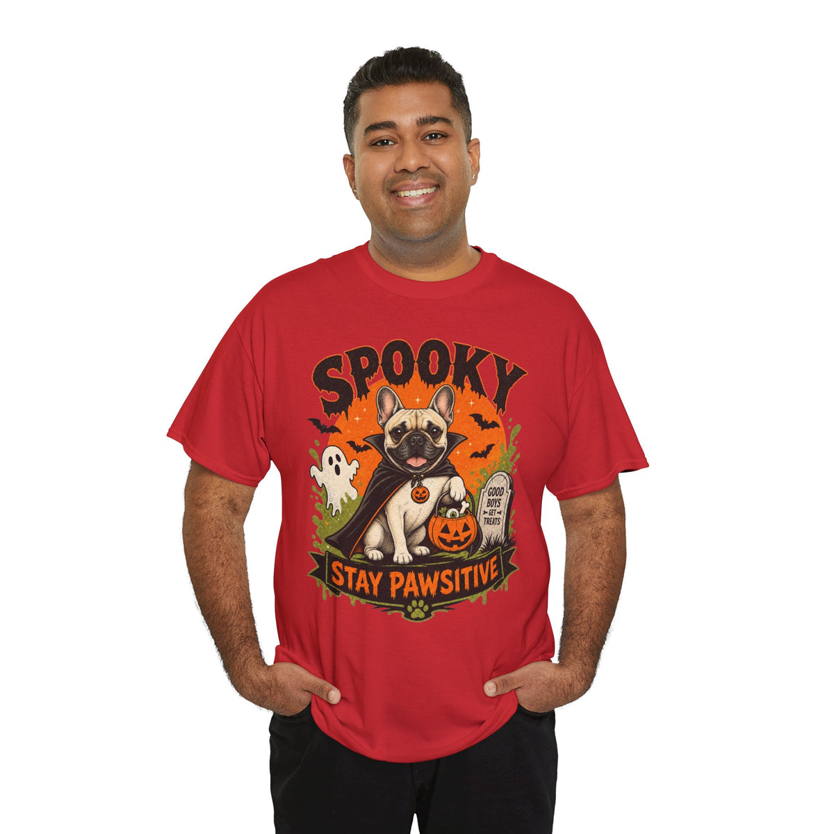 Spooky Stay Pawsitive Unisex T-Shirt — a vampire-caped French bulldog