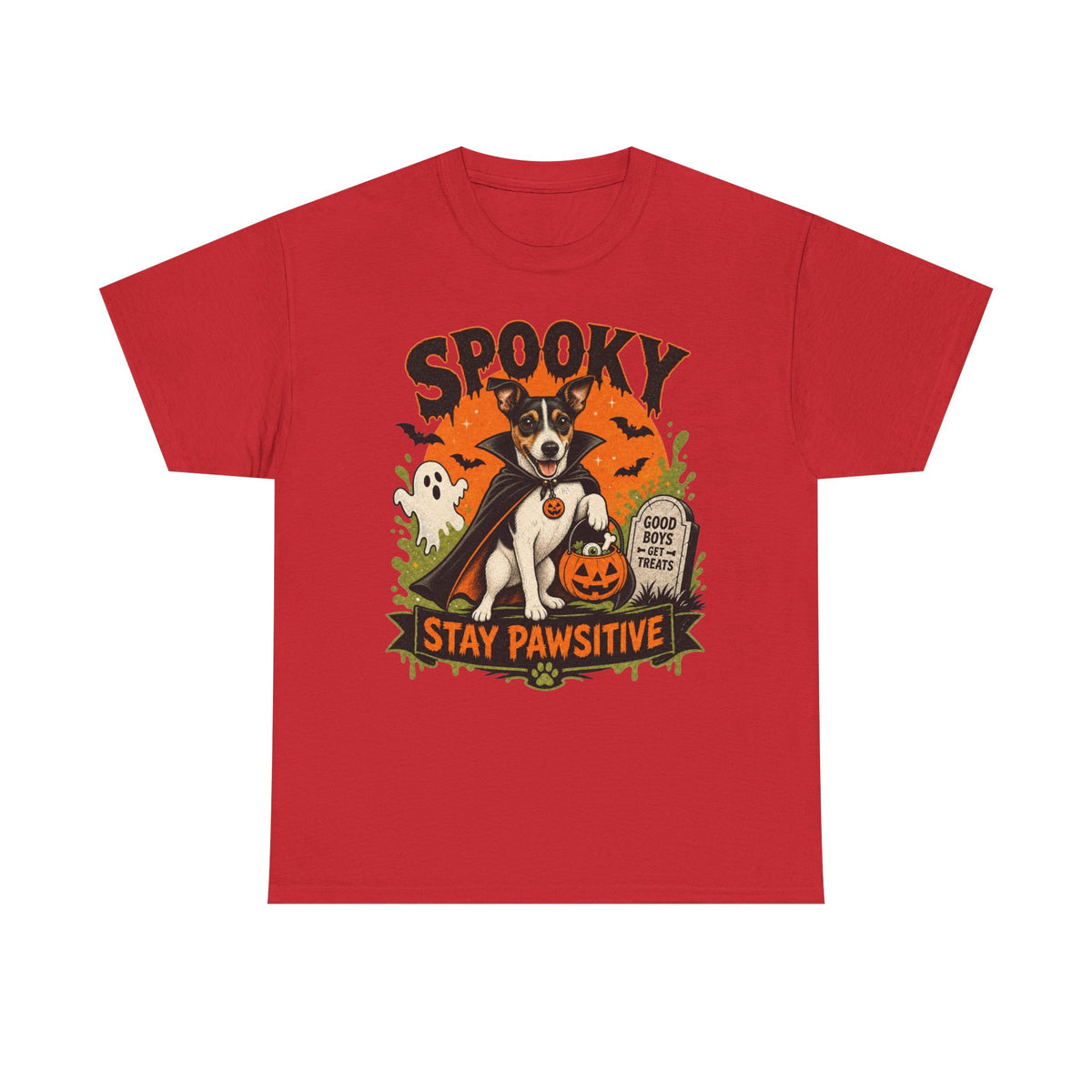 Spooky Stay Pawsitive Unisex T-Shirt — a vampire-caped Jack Russell Terrier