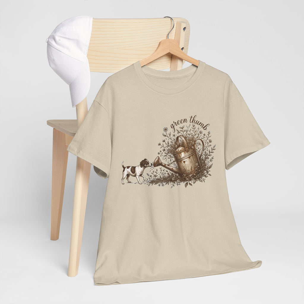 Green Thumb T-Shirt — Vintage Garden Watering Can & Puppy Graphic