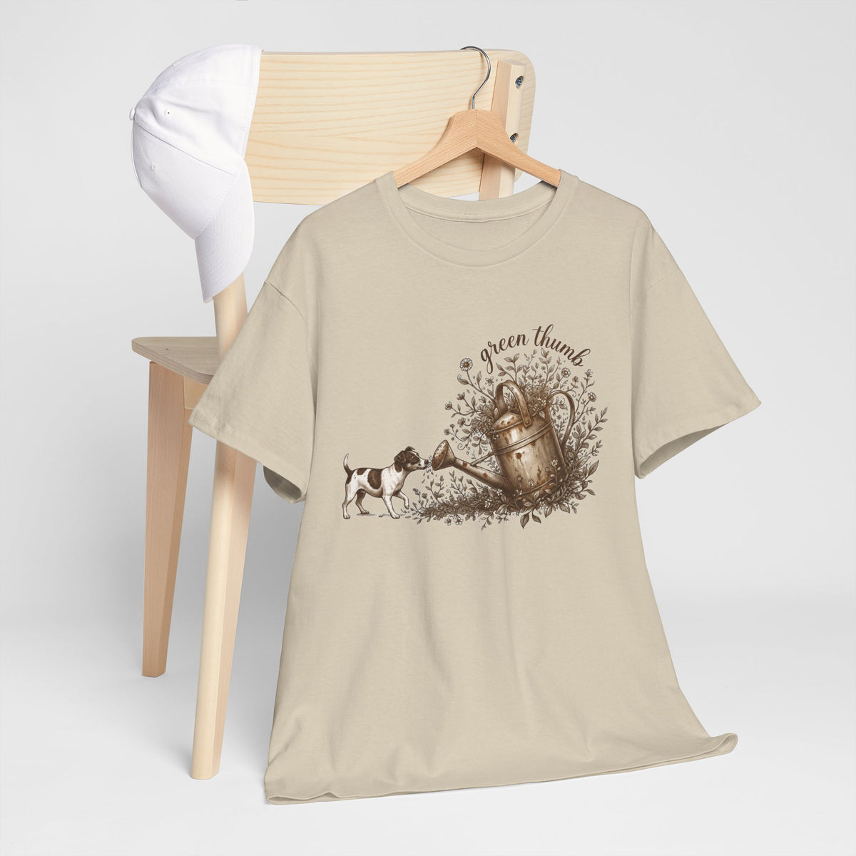 Green Thumb T-Shirt — Vintage Garden Watering Can & Puppy Graphic