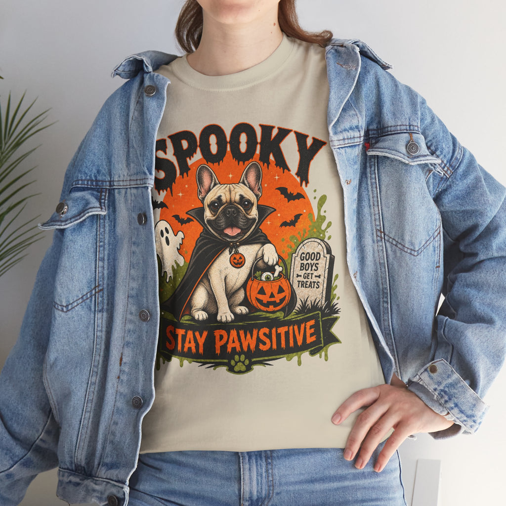 Spooky Stay Pawsitive Unisex T-Shirt — a vampire-caped French bulldog