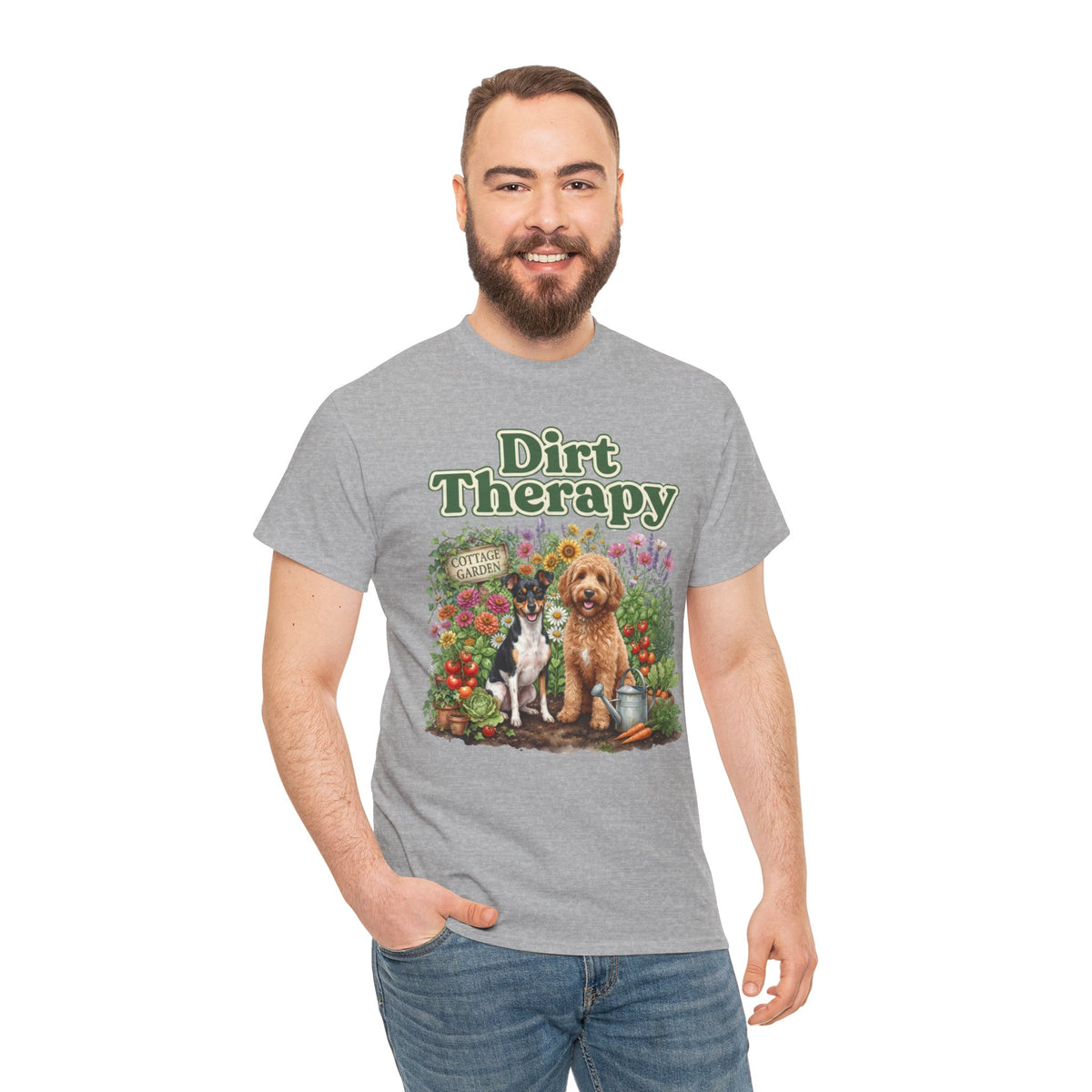 Dirt Therapy Gardening T‑Shirt — Dogs & Flowers Garden Lover Tee