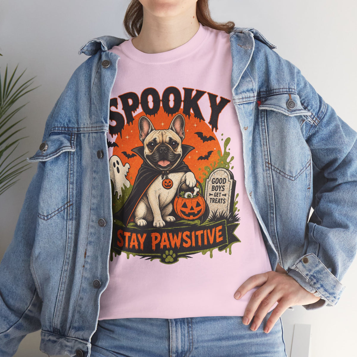 Spooky Stay Pawsitive Unisex T-Shirt — a vampire-caped French bulldog