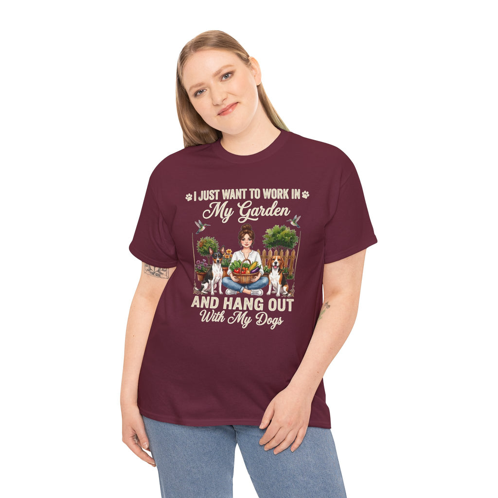 I Just Want to Work in My Garden and Hang Out With My Dogs Unisex T-Shirt — woman sits happily in her garden