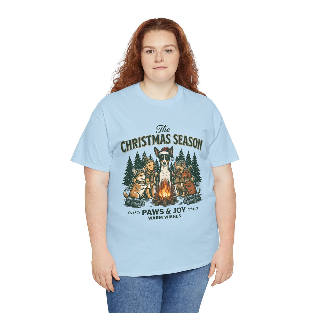The Christmas Season Unisex T-Shirt — dogs settle in around a crackling campfire