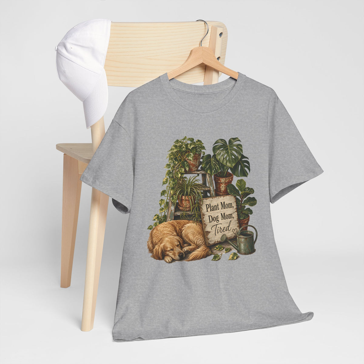 Plant Mom Dog Mom T-Shirt — Cozy Plant Lover Tee with Sleeping Dog Design