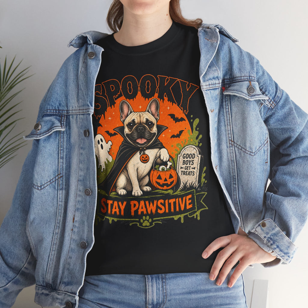 Spooky Stay Pawsitive Unisex T-Shirt — a vampire-caped French bulldog