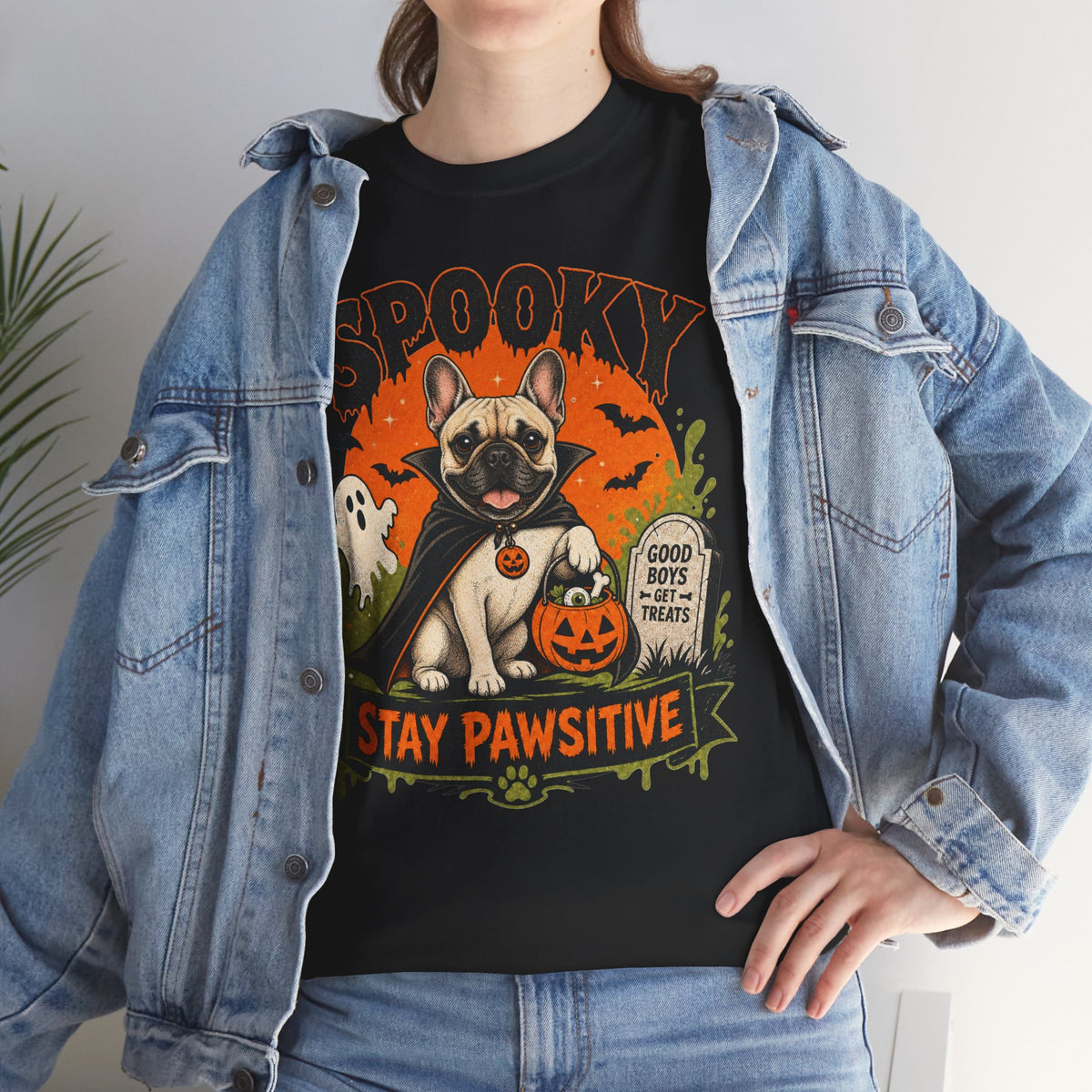 Spooky Stay Pawsitive Unisex T-Shirt — a vampire-caped French bulldog