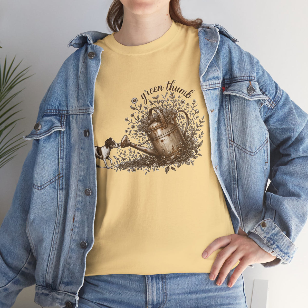 Green Thumb T-Shirt — Vintage Garden Watering Can & Puppy Graphic