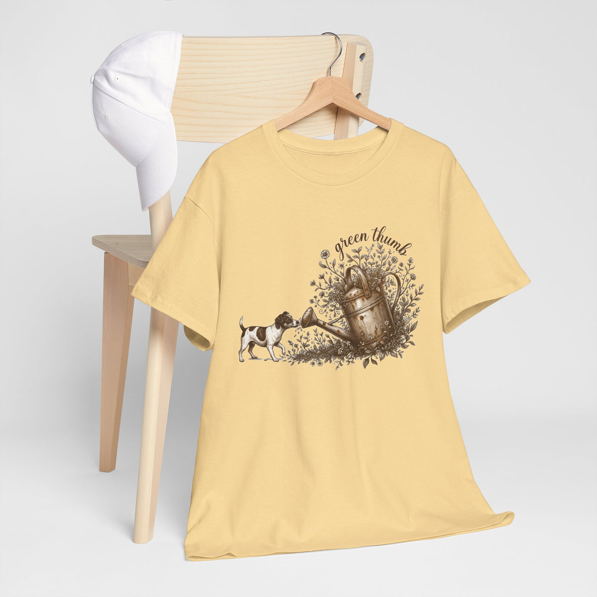 Green Thumb T-Shirt — Vintage Garden Watering Can & Puppy Graphic