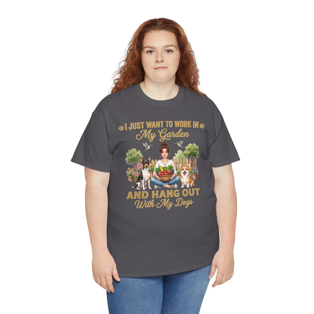 I Just Want to Work in My Garden and Hang Out With My Dogs Unisex T-Shirt — woman among potted plants with her dogs