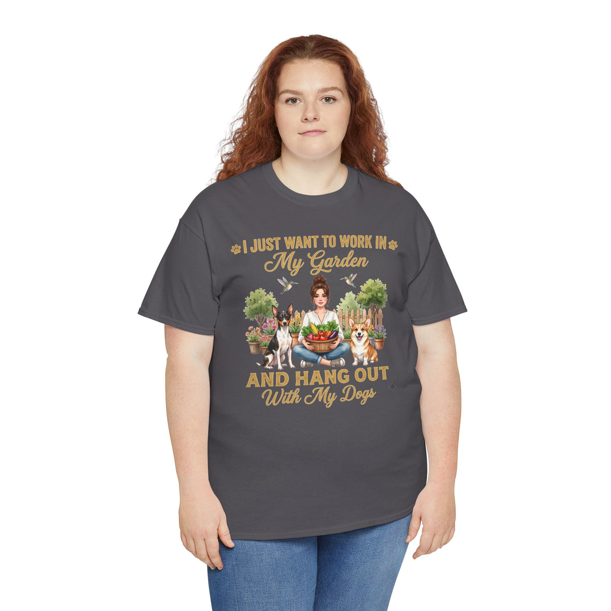 I Just Want to Work in My Garden and Hang Out With My Dogs Unisex T-Shirt — woman among potted plants with her dogs