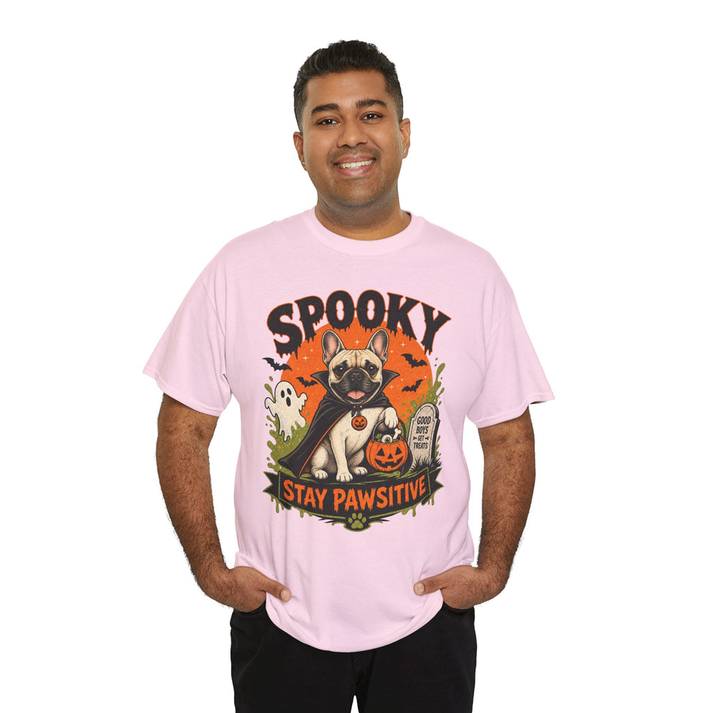 Spooky Stay Pawsitive Unisex T-Shirt — a vampire-caped French bulldog