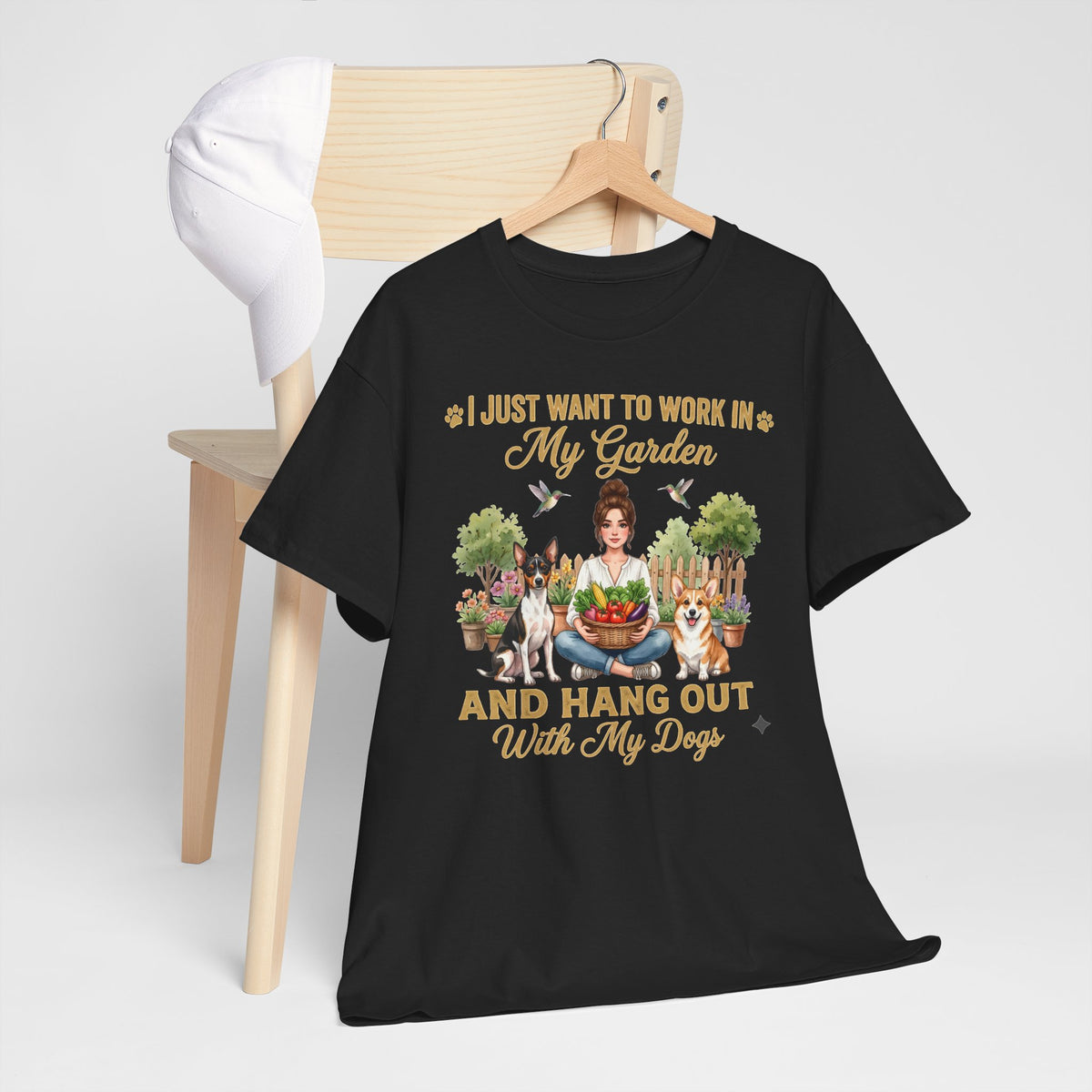 I Just Want to Work in My Garden and Hang Out With My Dogs Unisex T-Shirt — woman among potted plants with her dogs