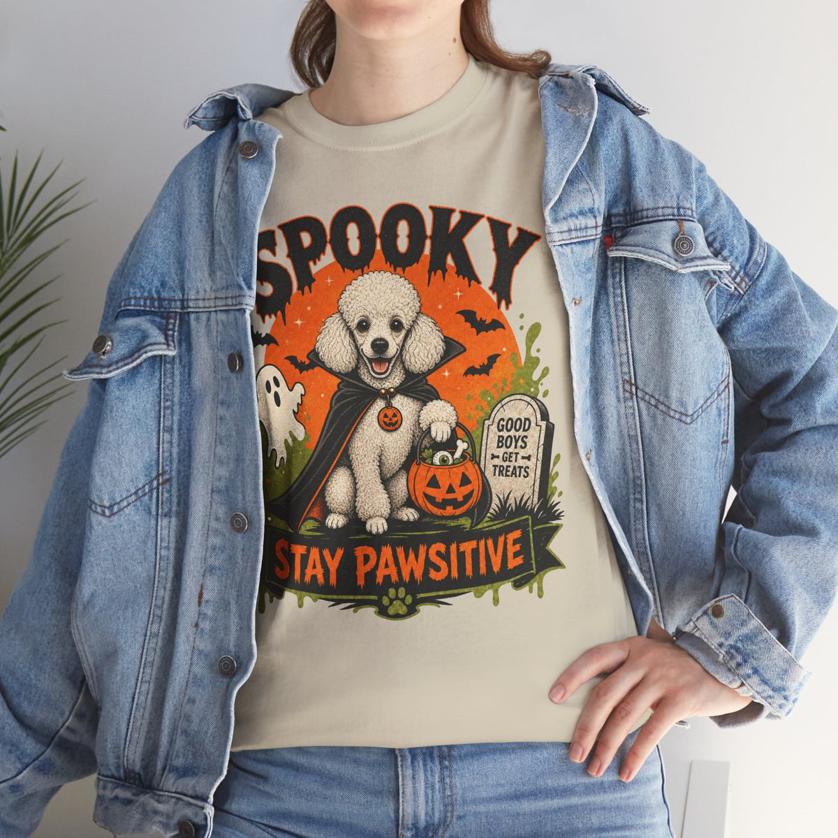 Spooky Stay Pawsitive Unisex T-Shirt — a vampire-caped white Poodle