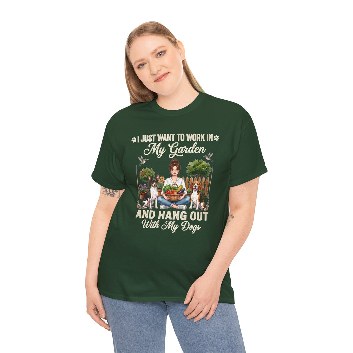 I Just Want to Work in My Garden and Hang Out With My Dogs Unisex T-Shirt — woman sits happily in her garden