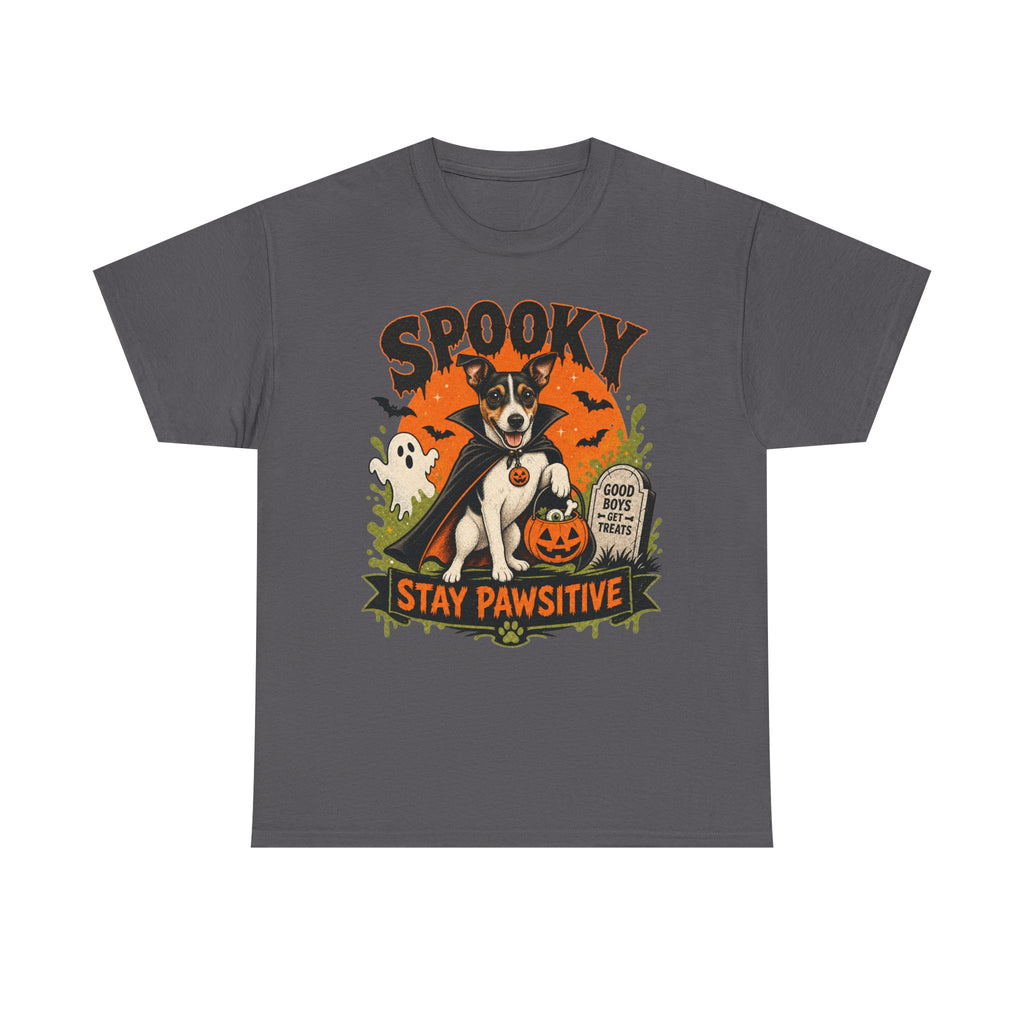 Spooky Stay Pawsitive Unisex T-Shirt — a vampire-caped Jack Russell Terrier