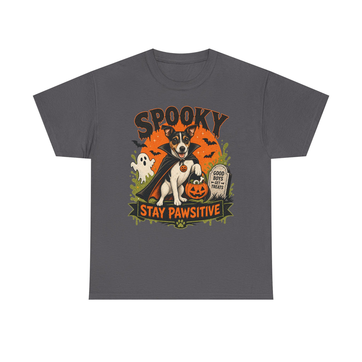 Spooky Stay Pawsitive Unisex T-Shirt — a vampire-caped Jack Russell Terrier