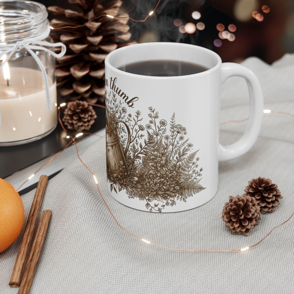 Green Thumb Ceramic Mug — Gardening Watering Can Design (11oz & 15oz)