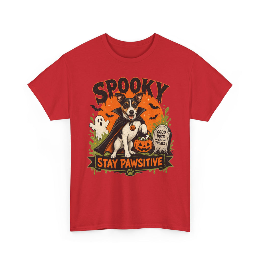 Spooky Stay Pawsitive Unisex T-Shirt — a vampire-caped Jack Russell Terrier