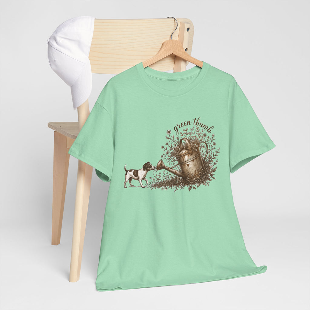 Green Thumb T-Shirt — Vintage Garden Watering Can & Puppy Graphic