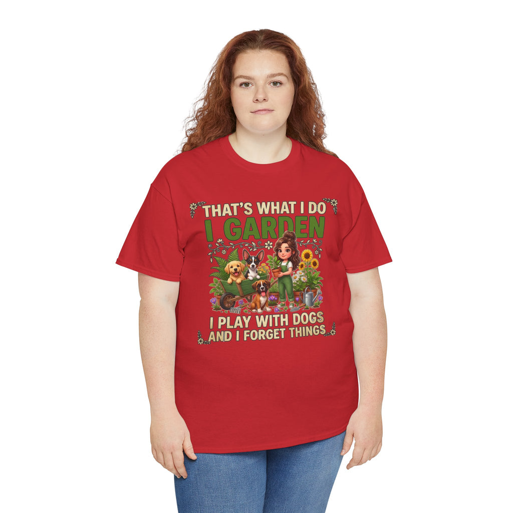 That's What I Do I Garden I Play With Dogs And I Forget Things Unisex T-Shirt — gardener with three dogs among sunflowers