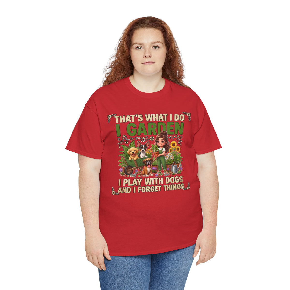 That's What I Do I Garden I Play With Dogs And I Forget Things Unisex T-Shirt — gardener with three dogs among sunflowers