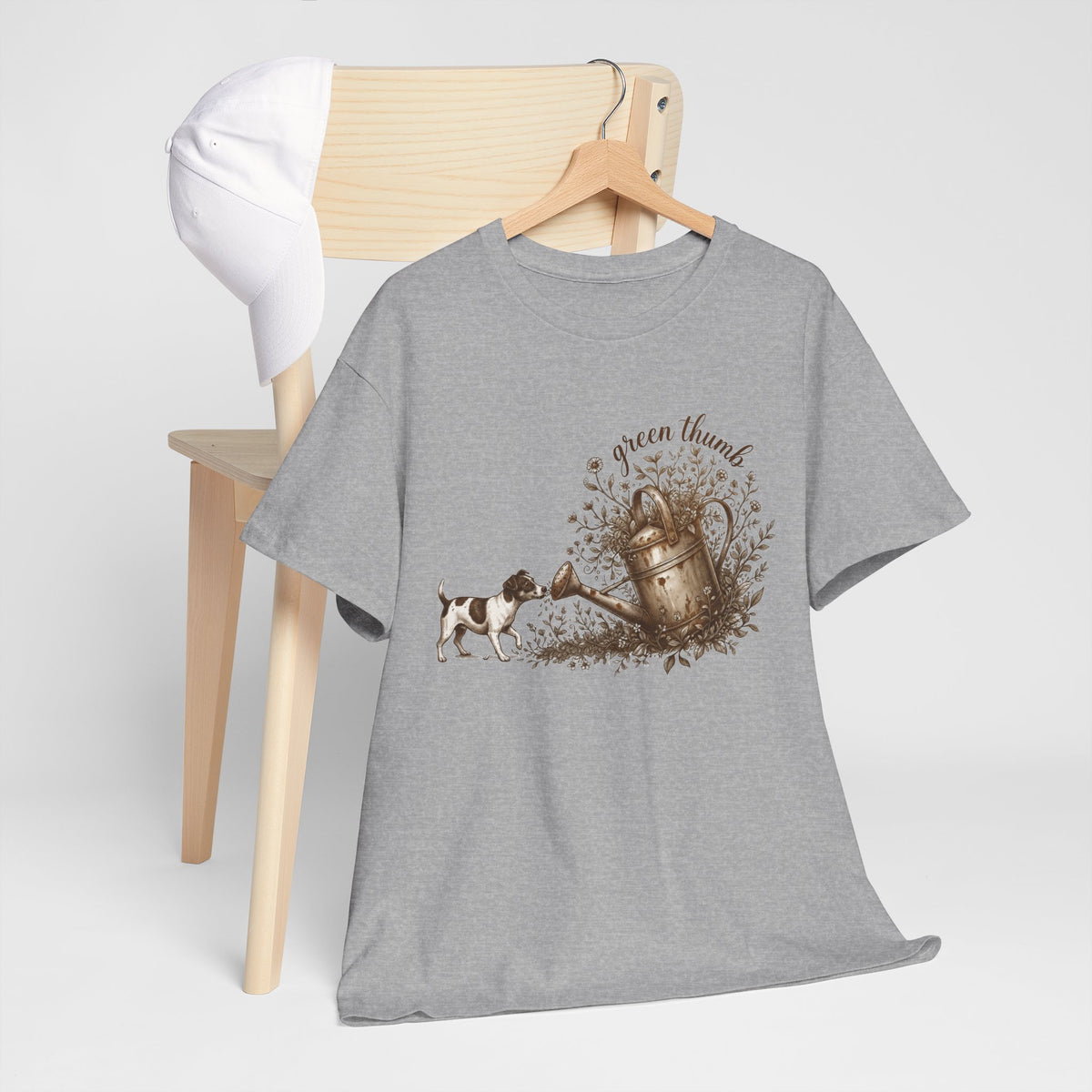 Green Thumb T-Shirt — Vintage Garden Watering Can & Puppy Graphic